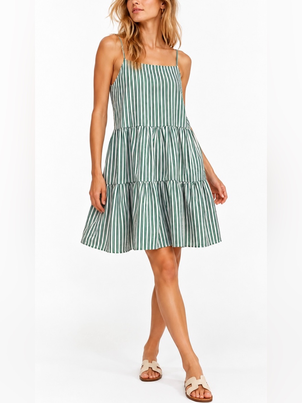 & Other Stories Stockholm Atelier Striped Tiered Mini Dress 4 Green White Preppy